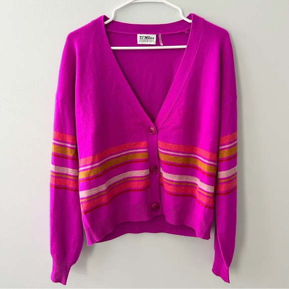 27 Miles Pink Striped Oversized Button Front Boyfriend Cardigan Cashmere Large - Picture 1 of 11